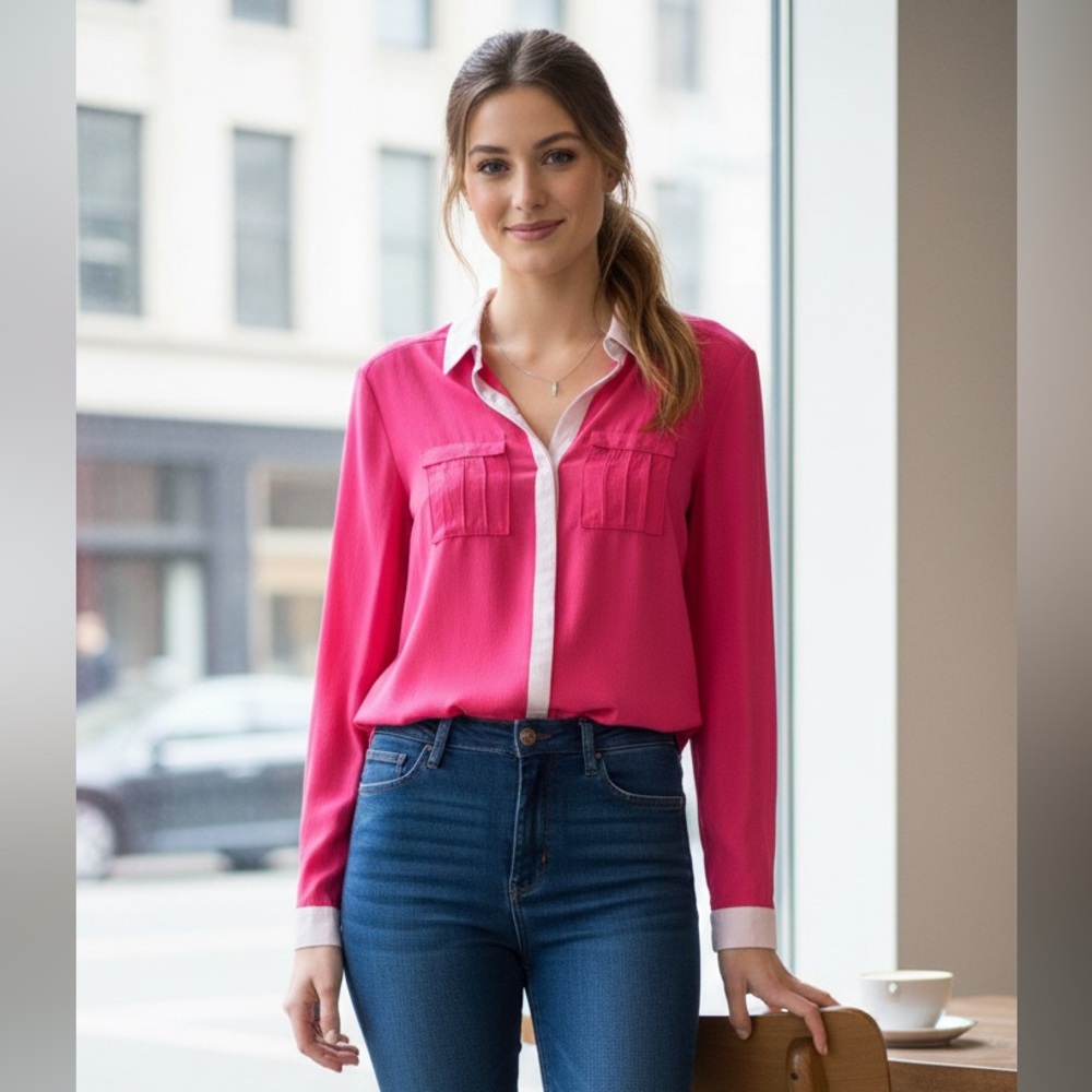 Maeve Shirt Womens 2 Pink Contrast Collar Button Front Pleated Blouse Top Dressy